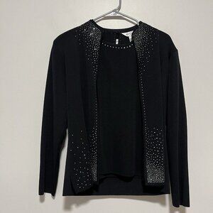 Exclusively Misook Black Acrylic Rhinestone Studded Cardigan and Shell Tank XS/S
